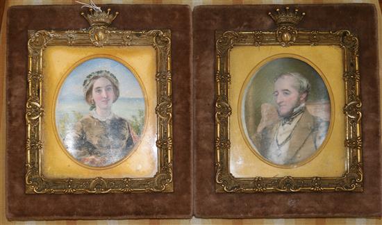 Victorian School Miniatures of a lady and gentleman 4.25 x 3.5in.